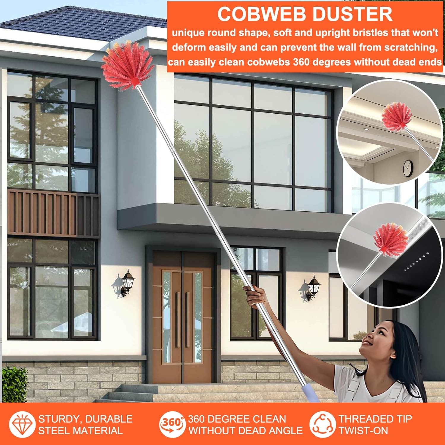 Cobweb Duster with Extension Pole, 59″ Adjustable Stainless Steel Pole, Washable