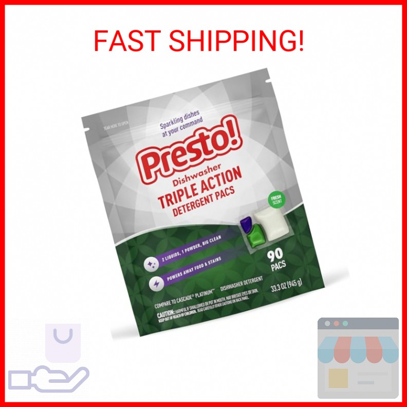 Amazon Brand – Presto! Triple Action Dishwasher Pacs, Fresh Scent, 90 Count
