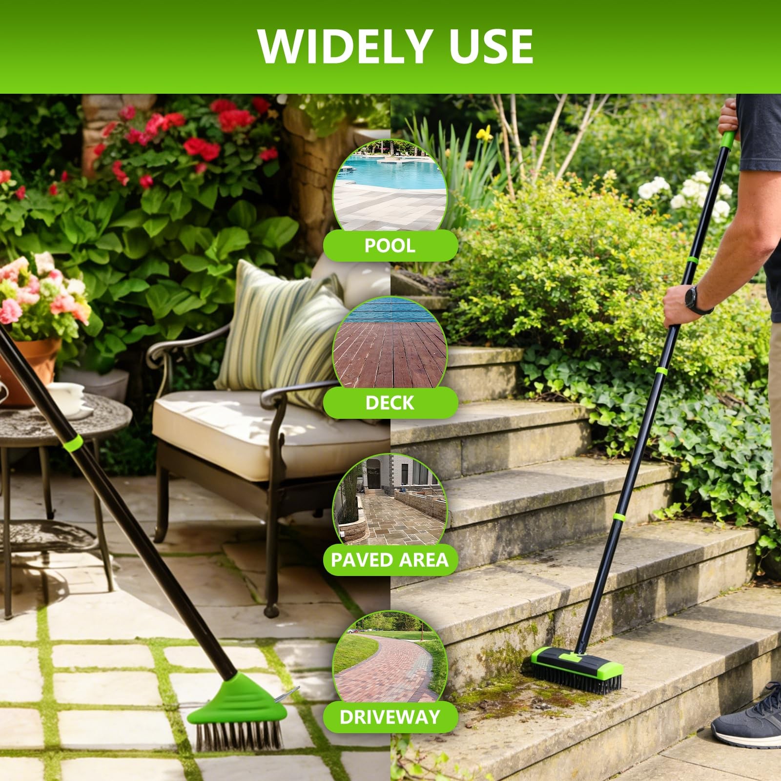 3in1 Crack Weeder Tool & Floor Scrubber Brush for Driveway, Patio, and Deck