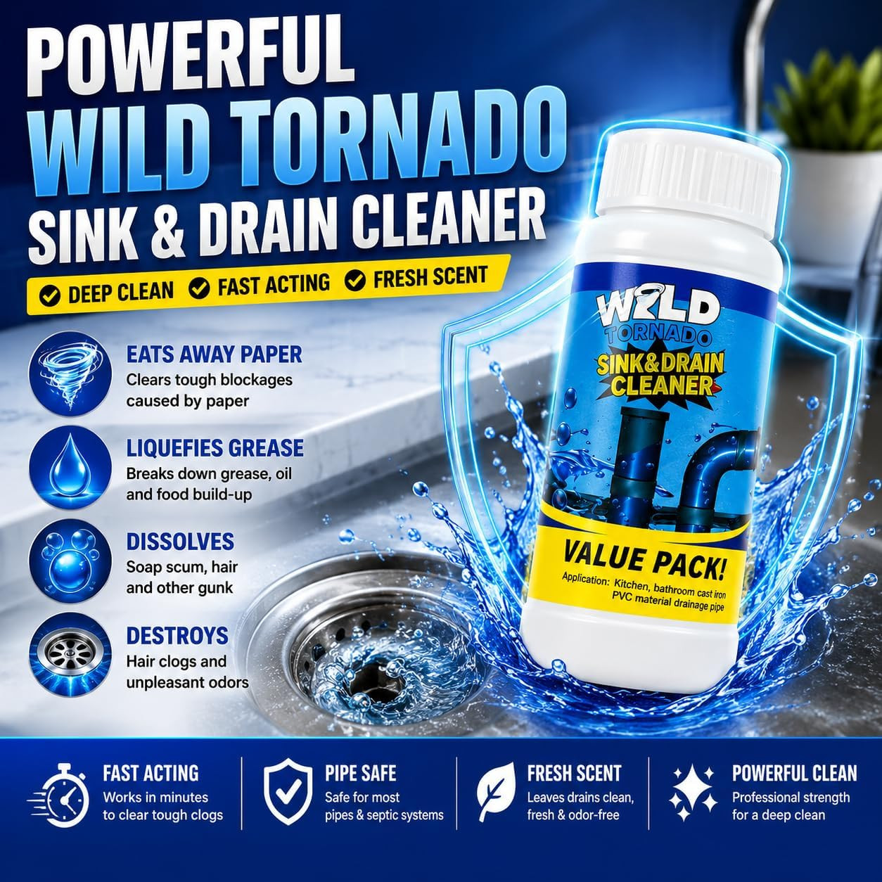 Wild Tornado Sink and Drain Cleaner, Drain Clog Remover & Opener (4Pcs) | Wild T