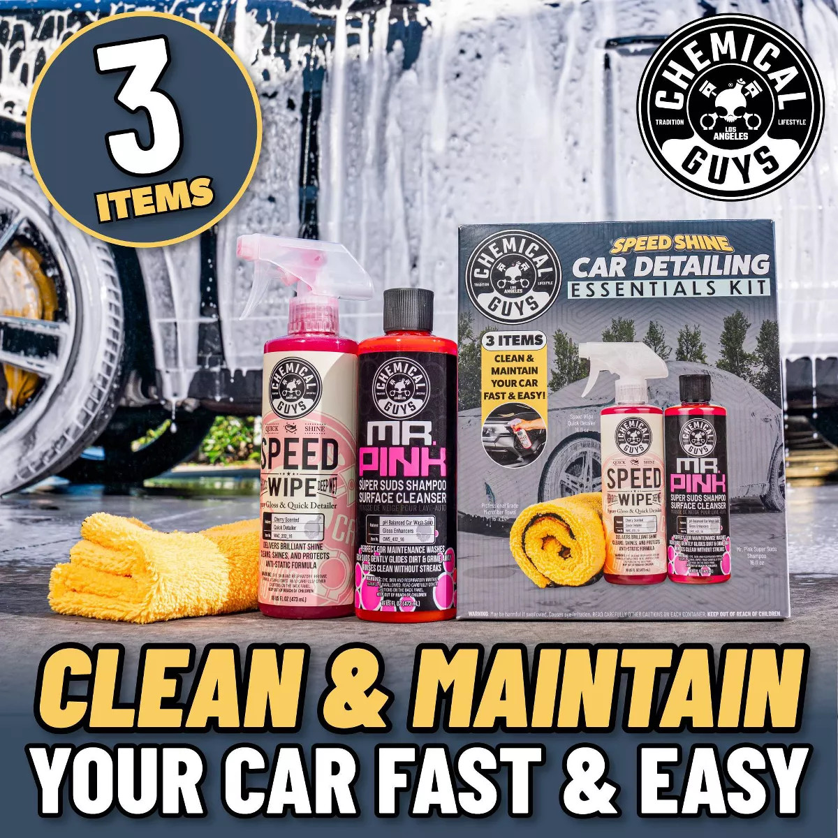 Chemical Guys 3Pc Wash and Shine Cleaners: Liquid Automotive Cleaning Kit, 2.75