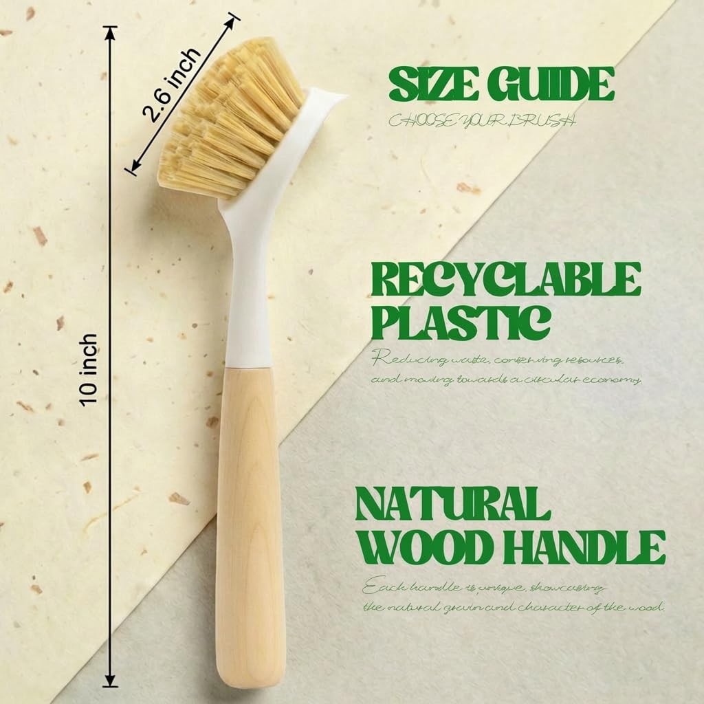 Dish Brush Handle Wood Built In Scraper Scrub Pans Pots Yellow