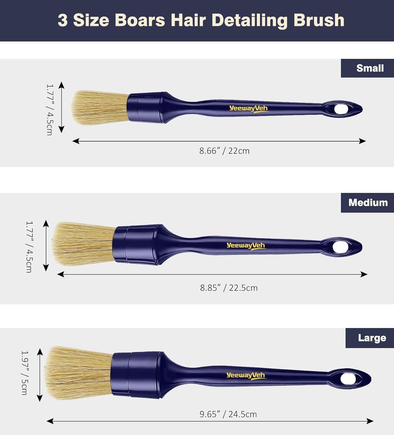 Car Detailing Brush Set, 3 Pack Ultra Soft Boars Hair Detailing Brushes for