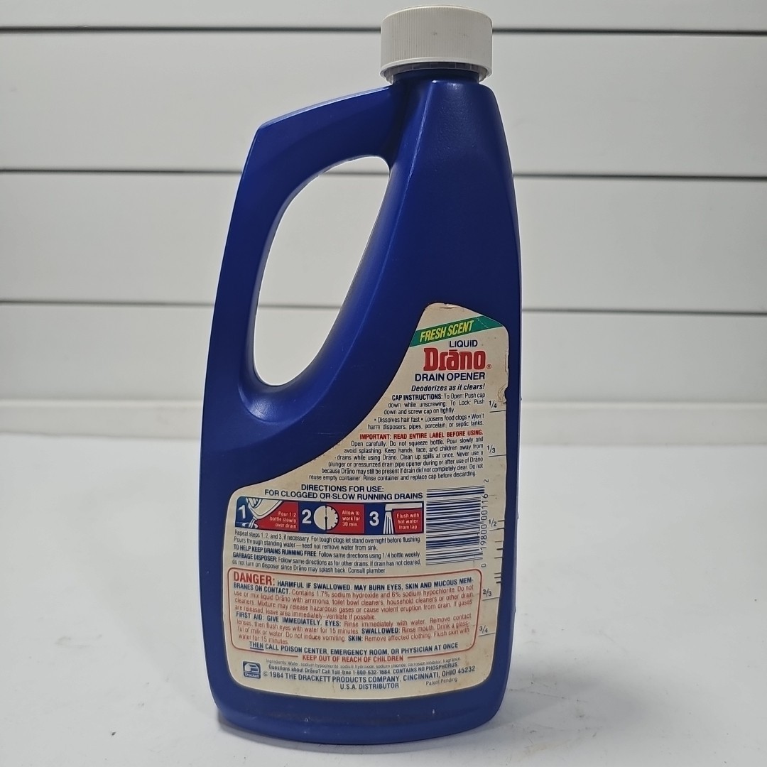 Vintage 1984 Liquid Drano Clog Remover Plastic Bottle 32 Fl. Oz 3/4 Full Retro