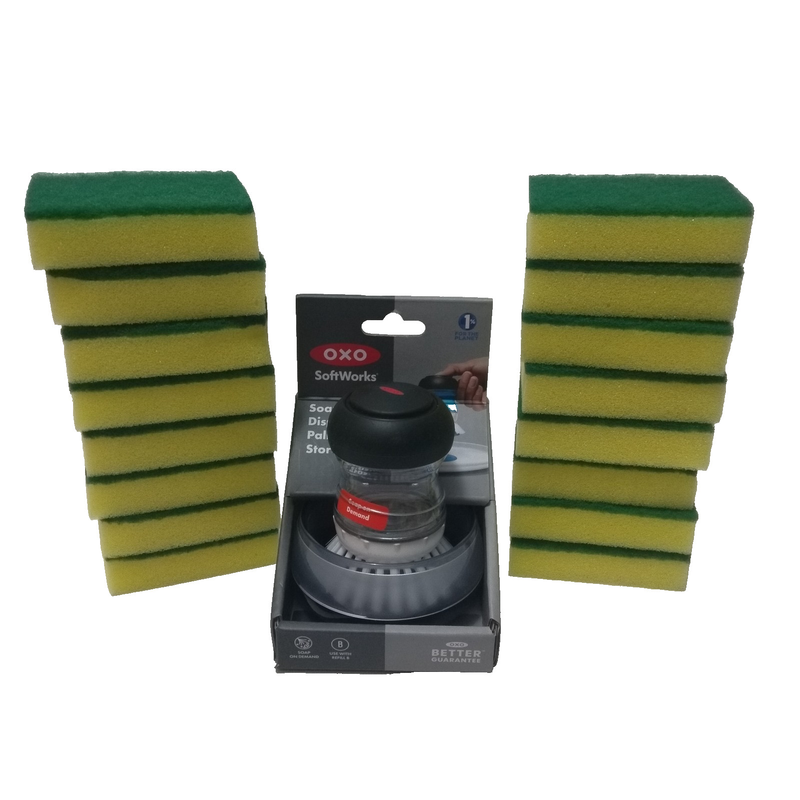 Oxo soap dispensing palm brush storage set and 16 Unbranded Scrub Sponges