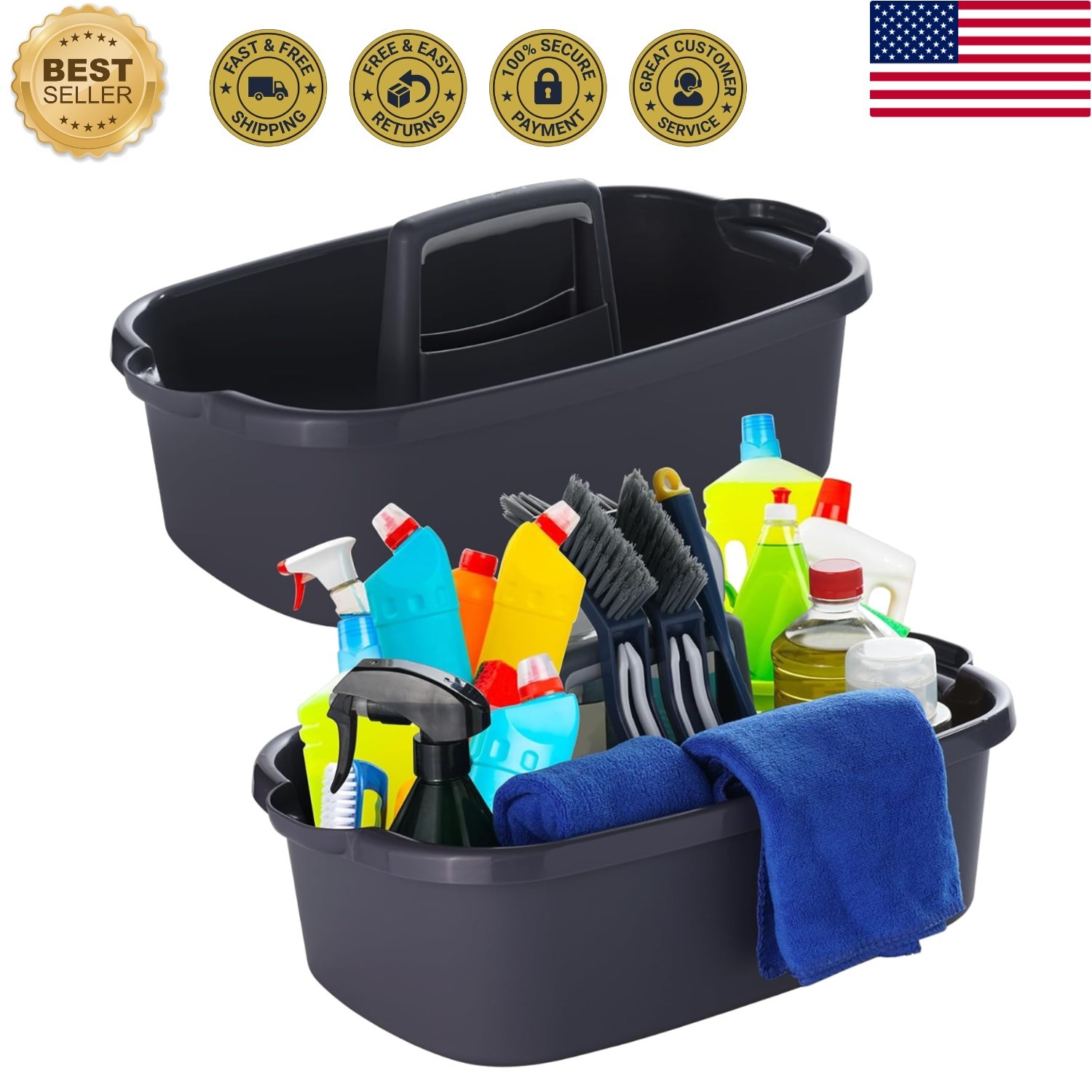 2-Pack Large Gray Cleaning Caddy for Cleaning Supplies with Handle – Portable…