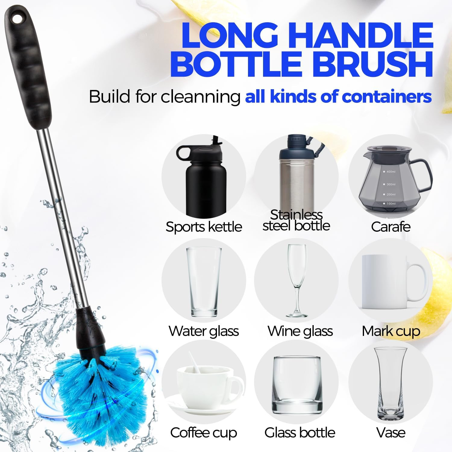 5-Piece Bottle Brush Set with Long Handle and Straw Cleaners, Blue