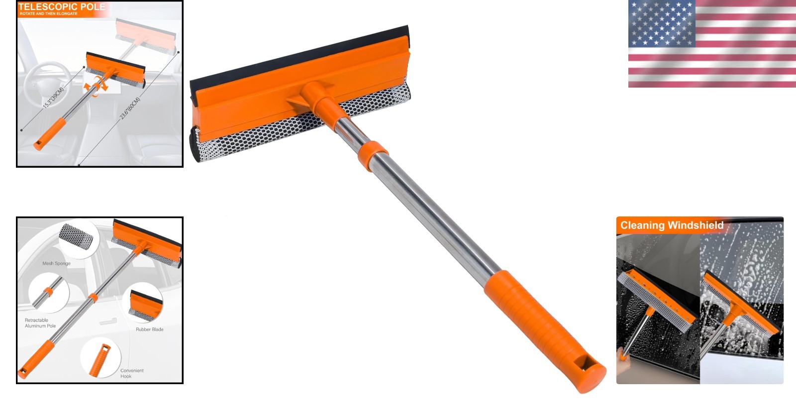 2 in 1 Car Windshield Squeegee with 15.3 to 23.6 Inch Retractable Handle Orange