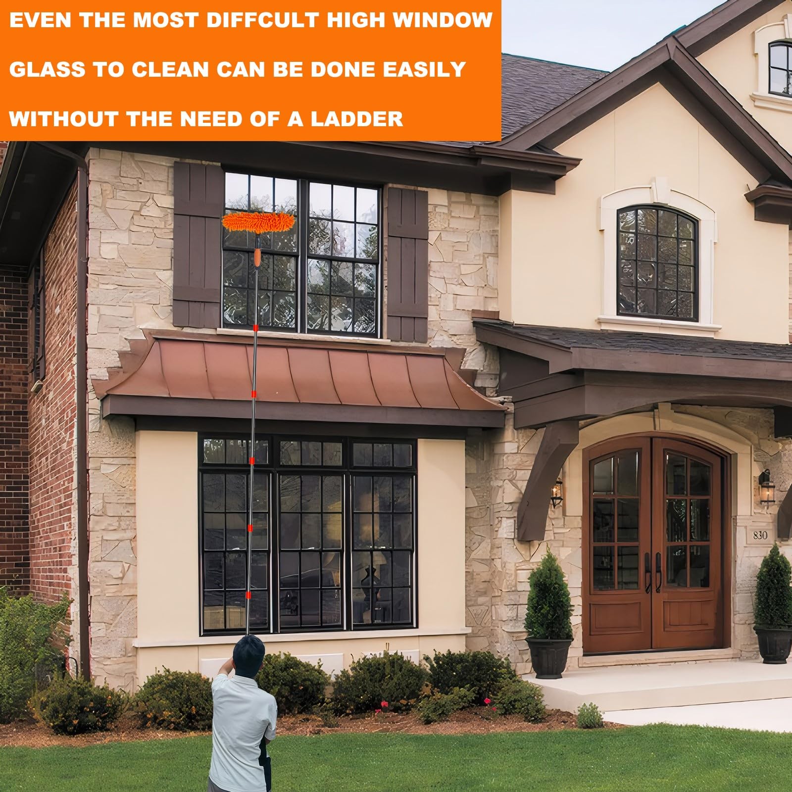 20+ Feet Reach 2 in 1 Window Washing Squeegee & Duster with 3-14 ft Orange