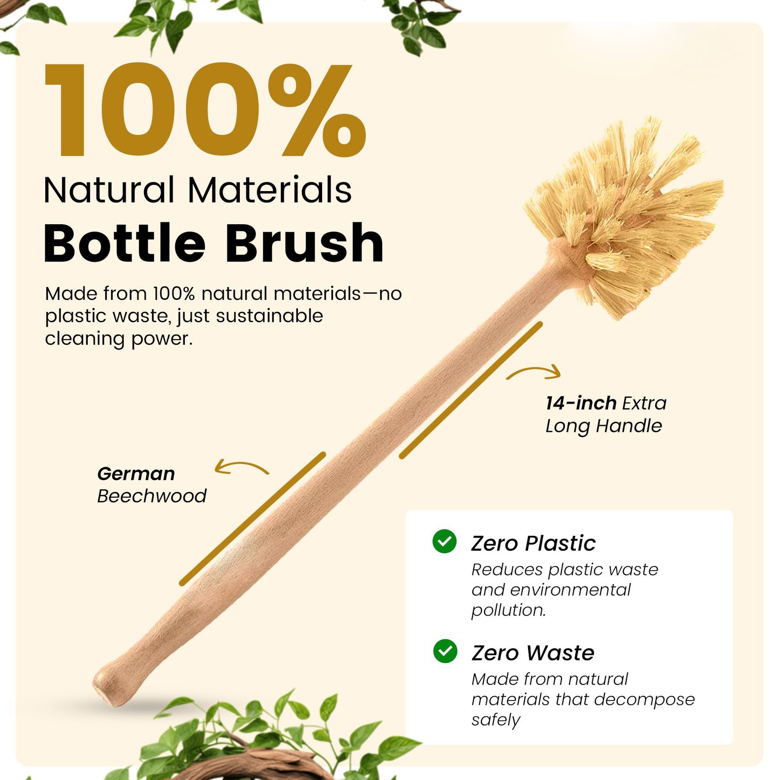 Biodegradable Bottle Brush Extra Long, Hemp Bristles in Wide Mouth Containers