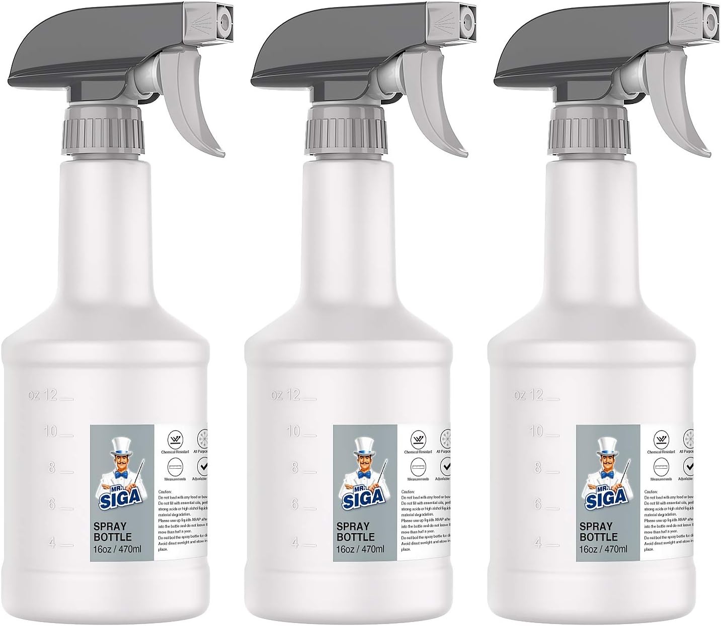 MR.SIGA 16 oz Empty Spray Bottles for Cleaning, Leak Proof Adjustable Nozzle 3 P