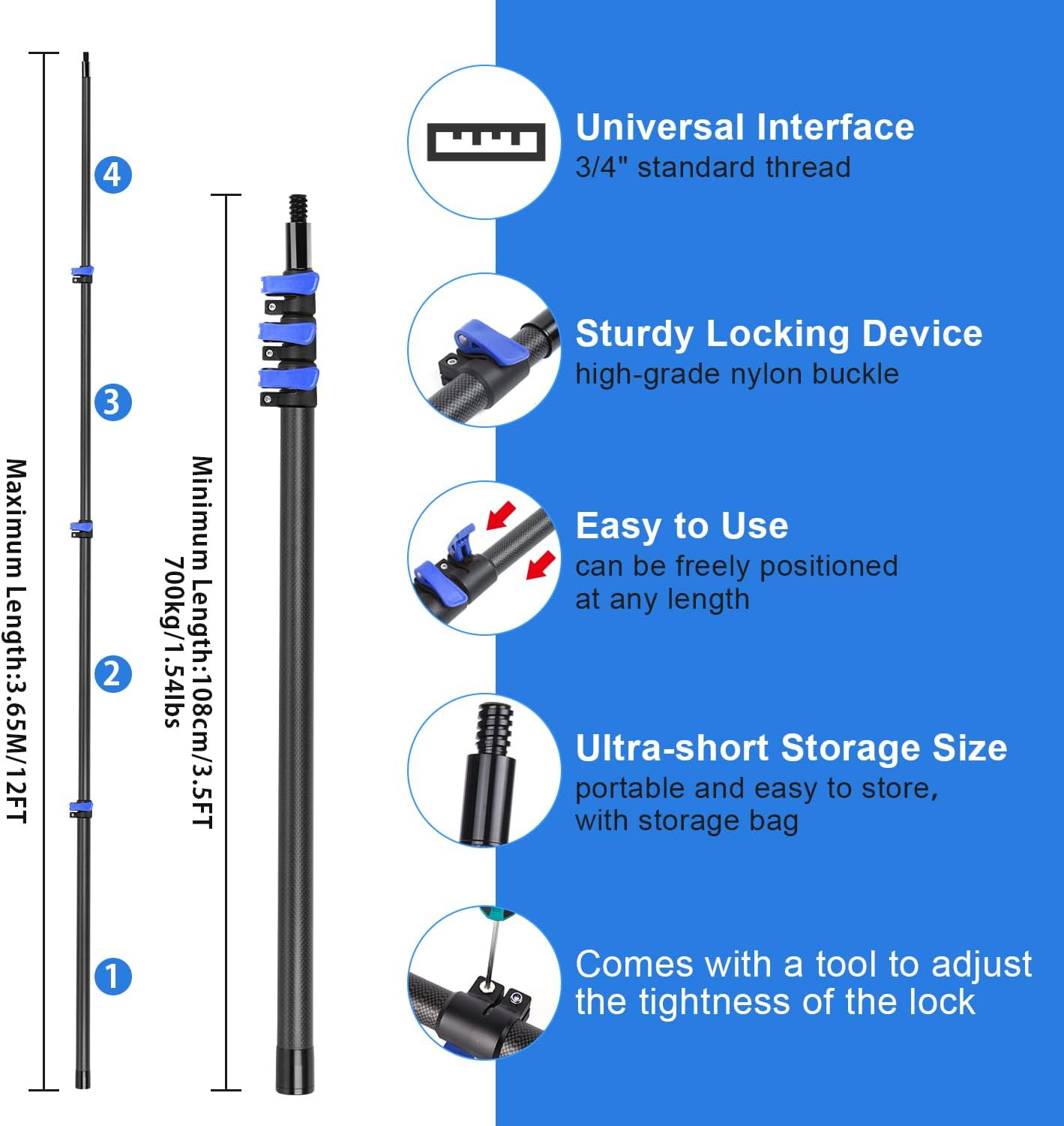 12-Foot Carbon Fiber Window Cleaner Tool with Telescopic Extension Pole, Rotatin