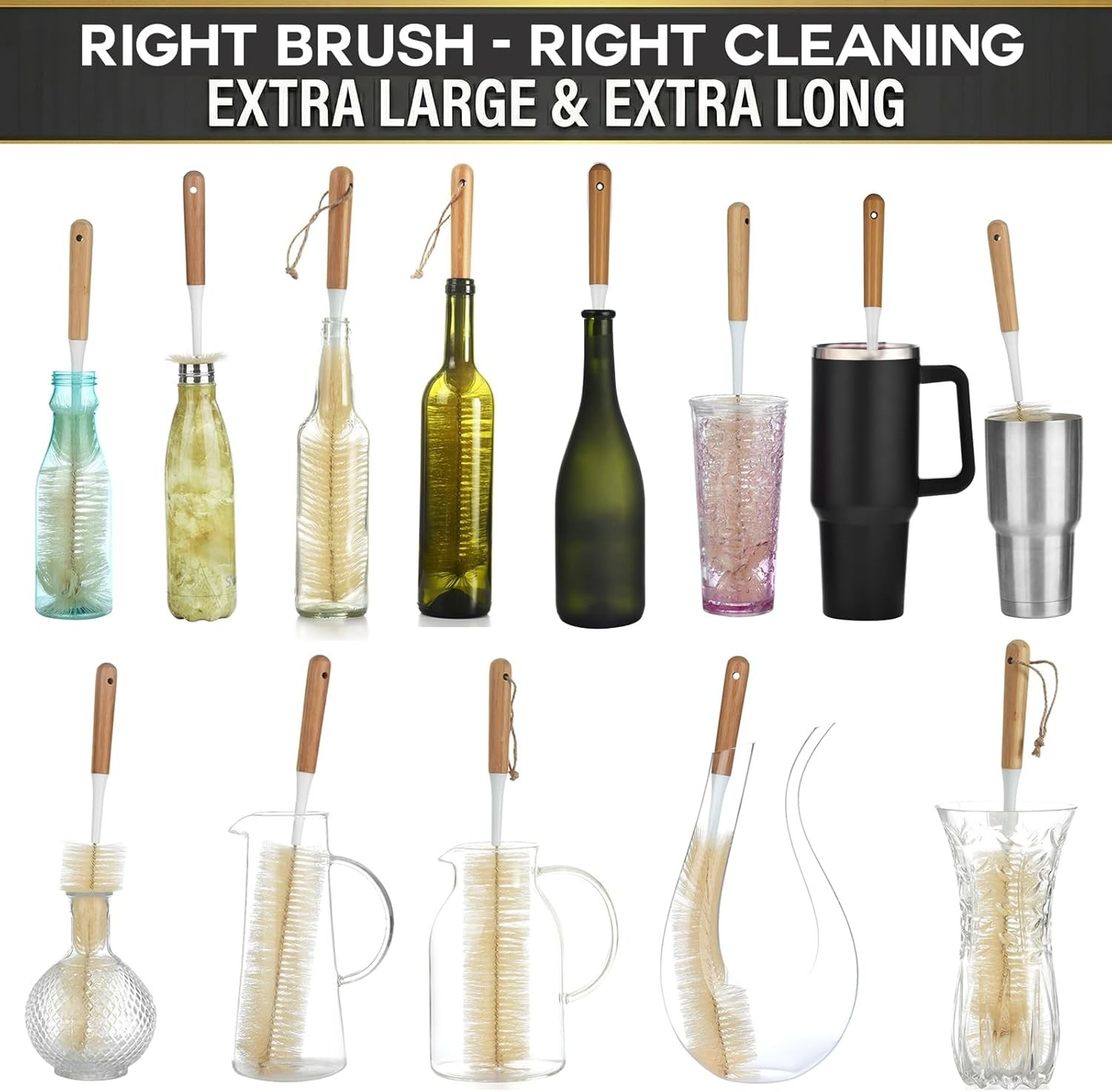 Extra Large Long Bottle Brush Set – 16″ / 15″ Long Bamboo Handle Bottle Clean…