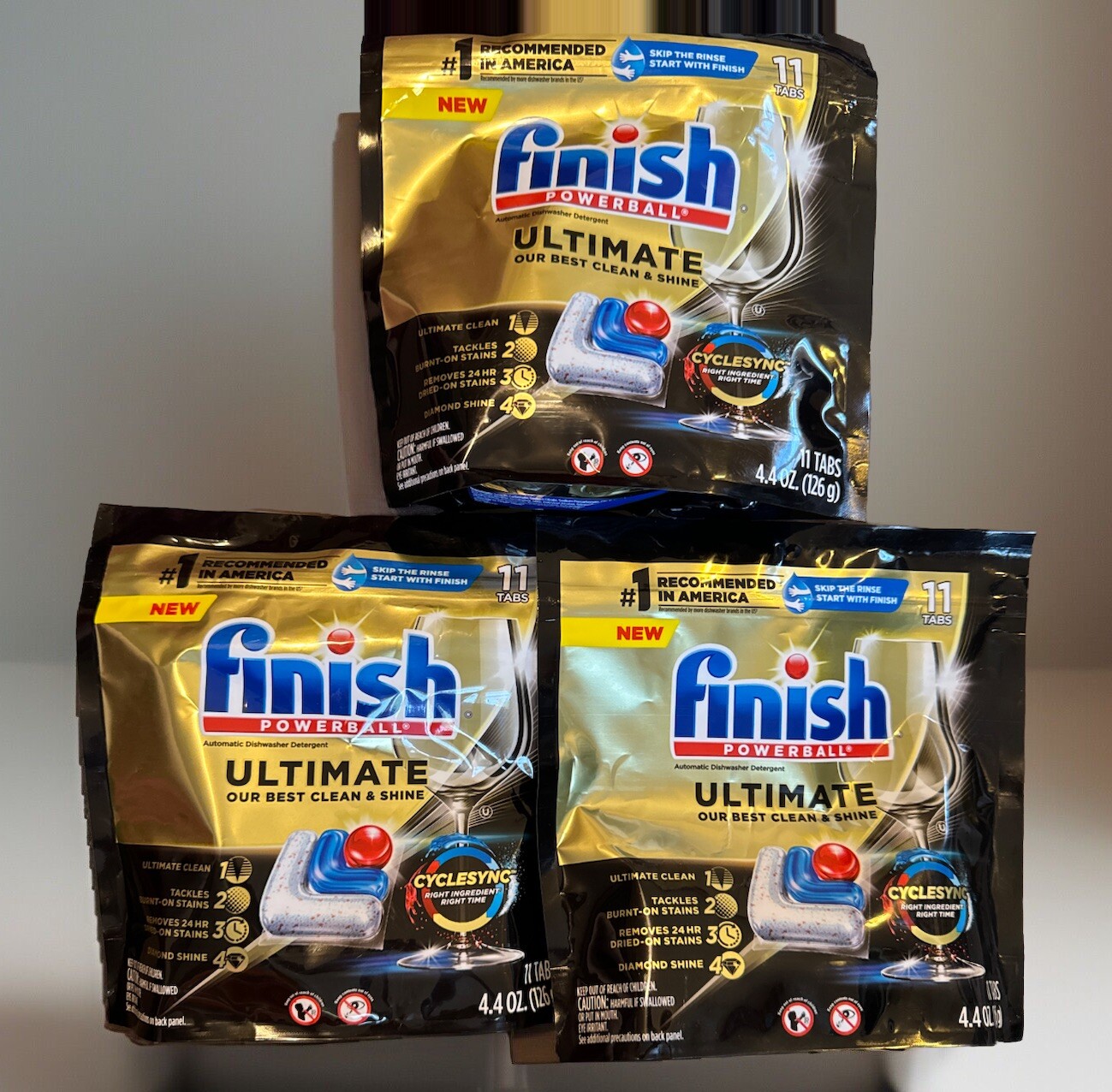 3x Finish Powerball Ultimate Dishwasher Detergent Clean & Shine Lot Set 11 ct