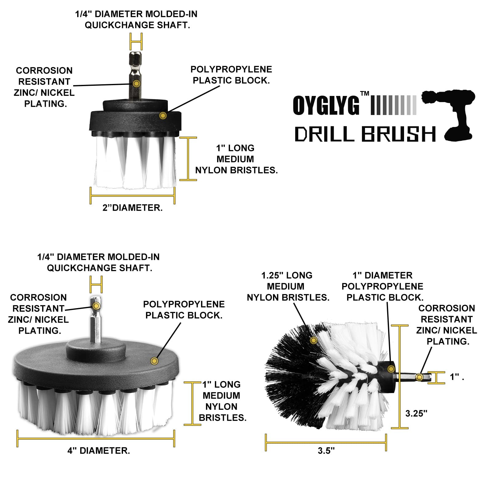 Drill Brush Attachment Kit 3piece Cleaning Set For Bathtubs Showers Tiles Carpet