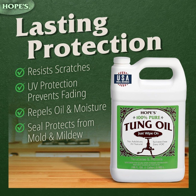 Pure Tung Oil, Food Safe, Premium Waterproof Natural Wood Finish and Sealer
