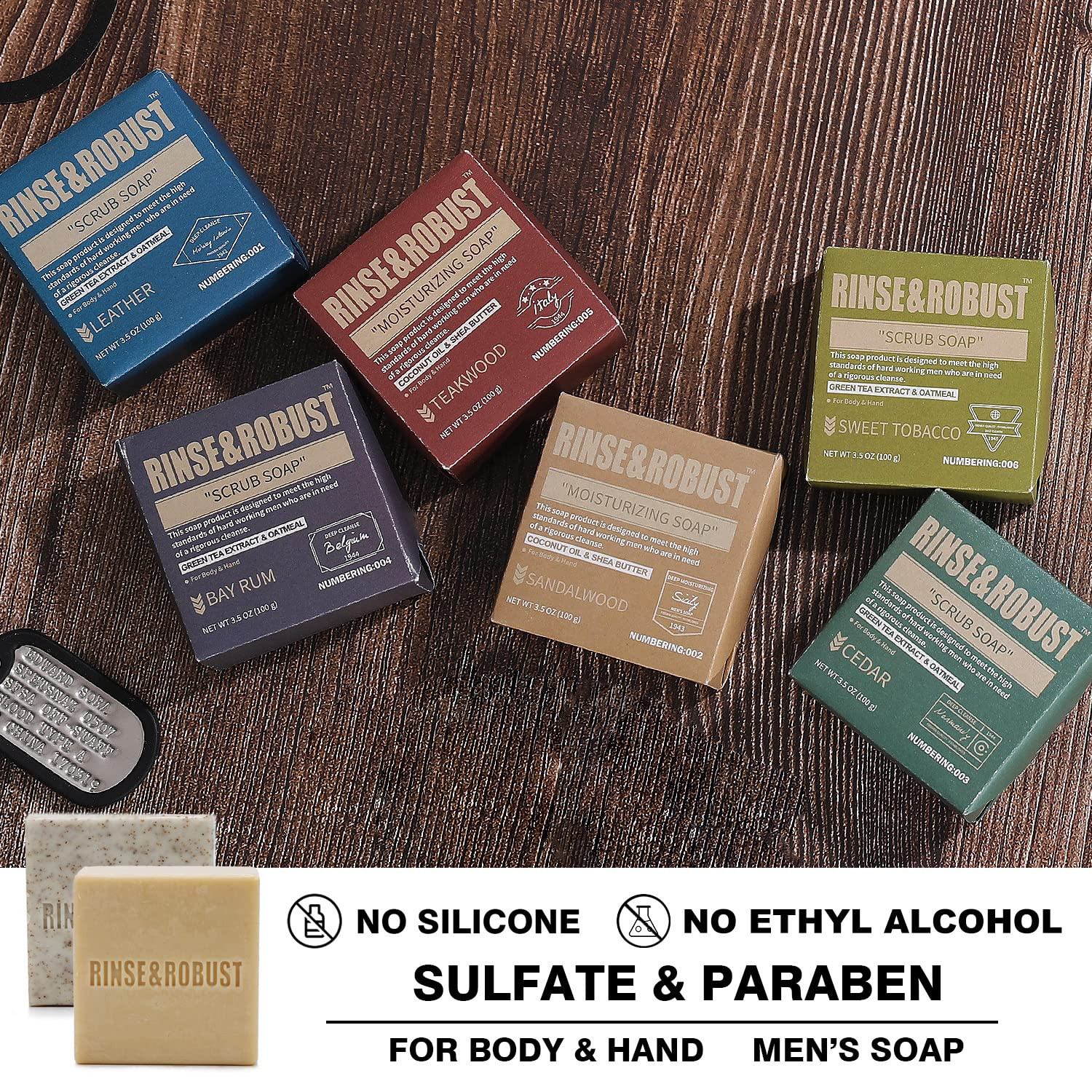 Rinse & Robust Mens Soap Bar Set 6Pcs Natural Handmade Cleansing Bar Soap Set Mo