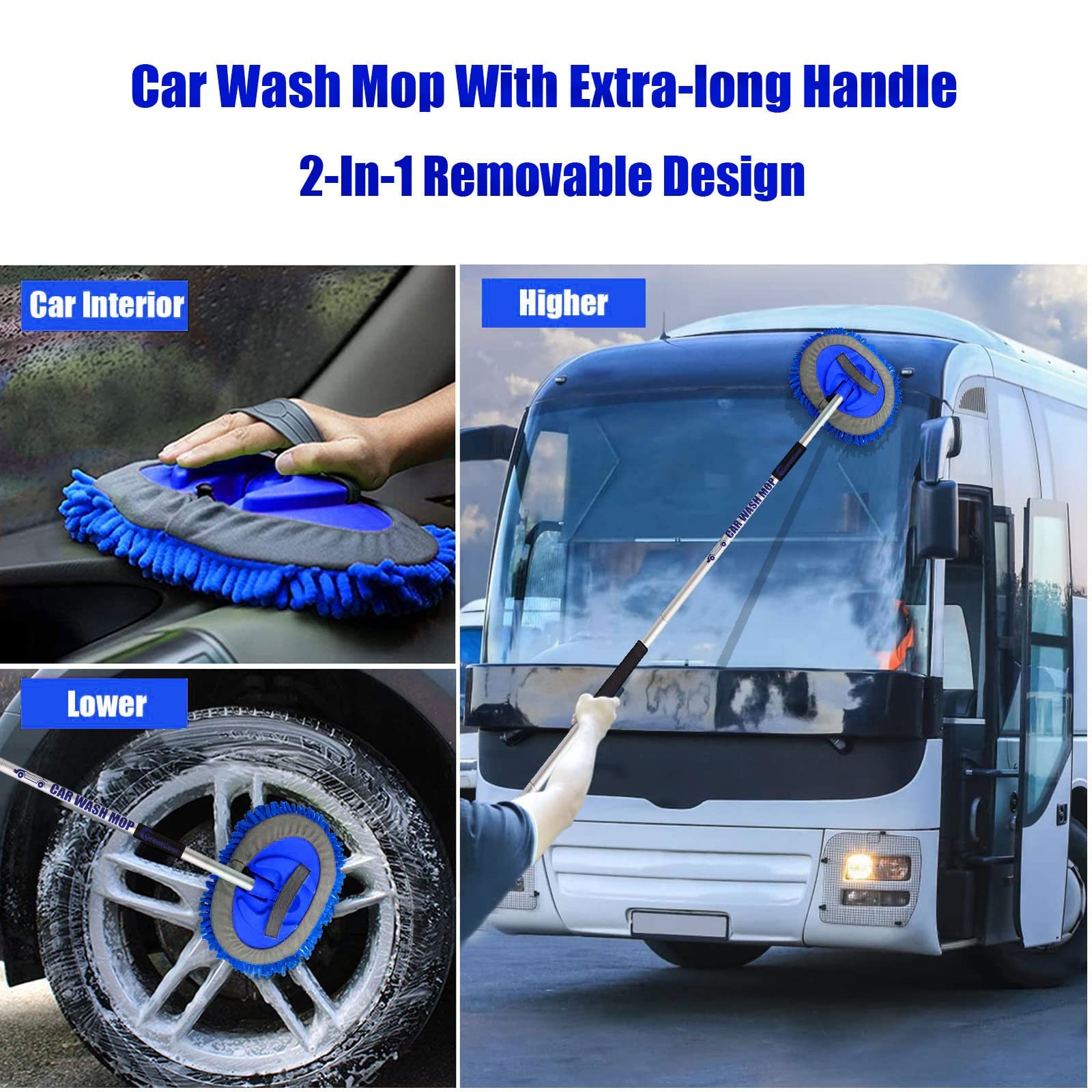 62″ Car Wash Brush Mop Kit with Long Handle, 2 in 1 Chenille Microfiber Spong…