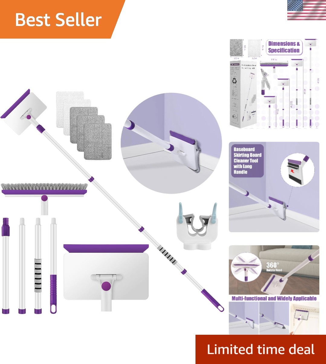 60″ Extendable Baseboard Cleaner Tool with Washable Pads for Effortless Cleaning