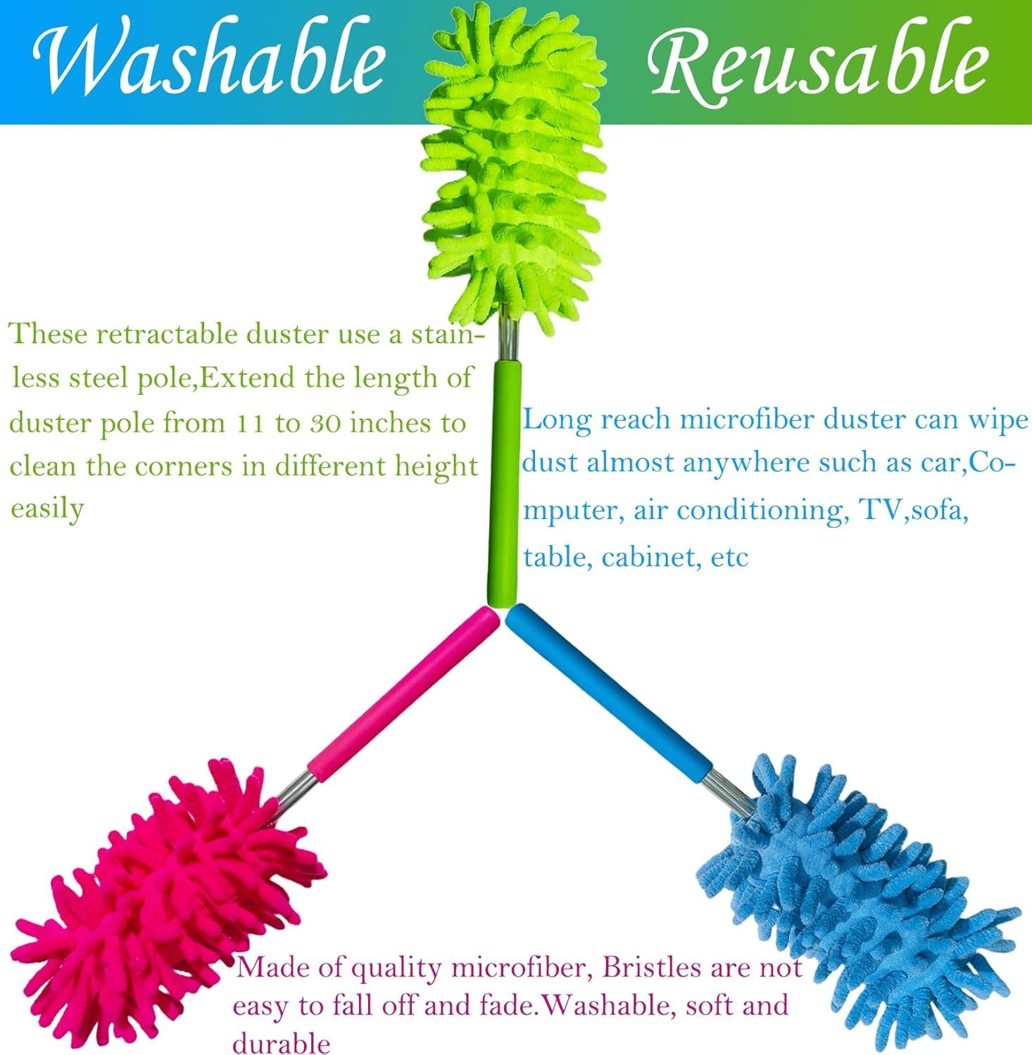 3 Pack Retractable Long- Washable Duster for Cleaning, Microfiber Hand Duster…