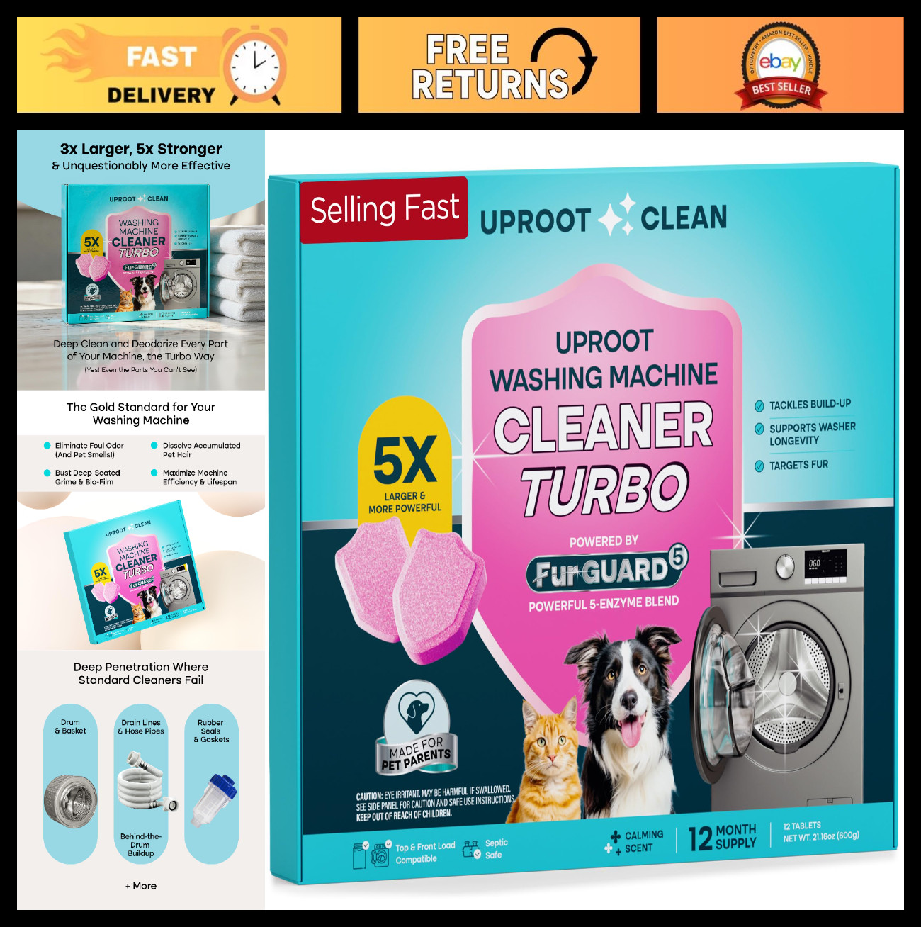 Washing Machine Cleaner Tablets – 12 Pack, 5x Stronger, Pet Safe, Removes Grime