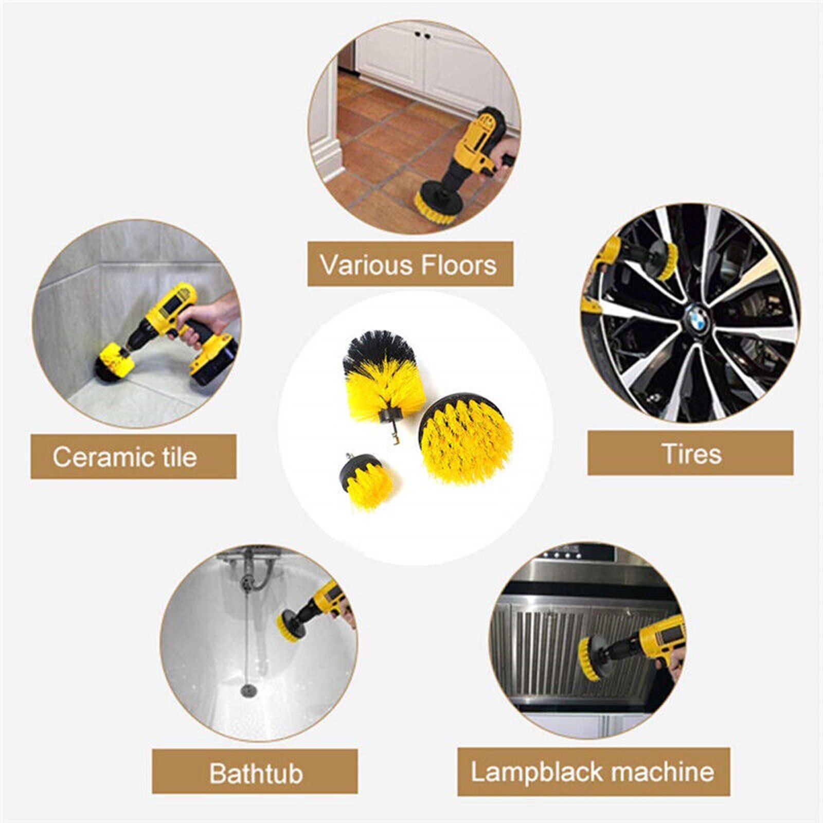 3PCS Drill Brush Set Power Scrubber Drill Attachments Shower Tile Grout Car Kit