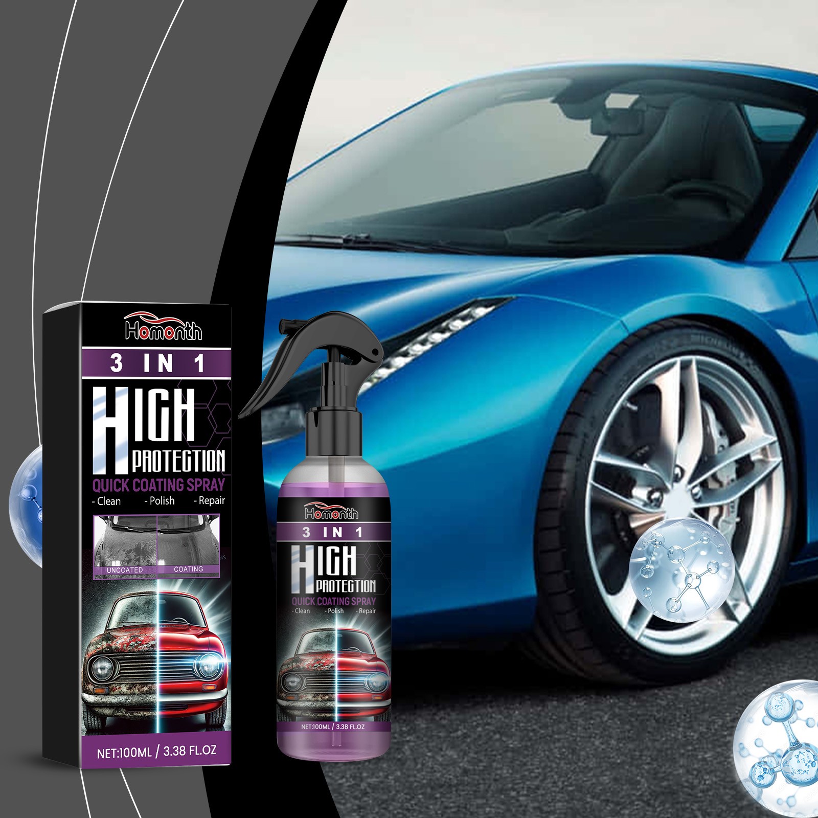 3-in-1 Ceramic Coating Spray – Hydrophobic Paint Sealant, Gloss Enhancer for Car