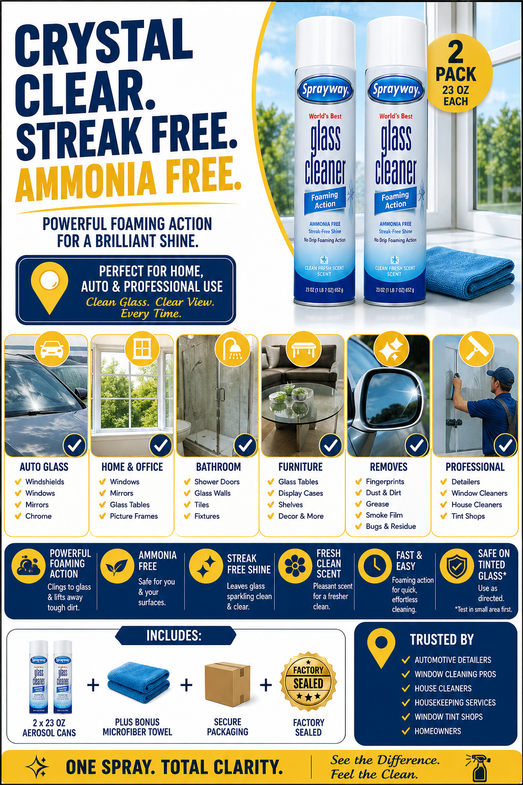 Sprayway Glass Cleaner 23 oz (6 Cans/3x Twin Packs) Foaming Aerosol Ammonia Free