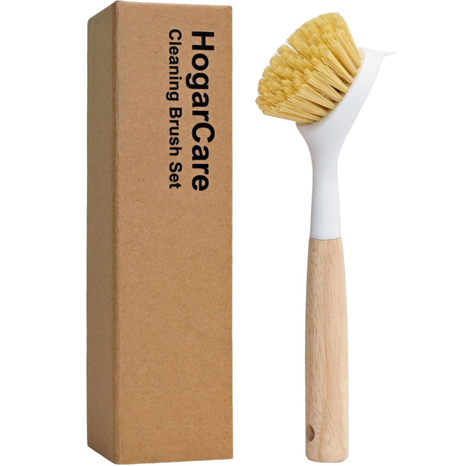 Dish Brush Handle Wood Built In Scraper Scrub Pans Pots Yellow