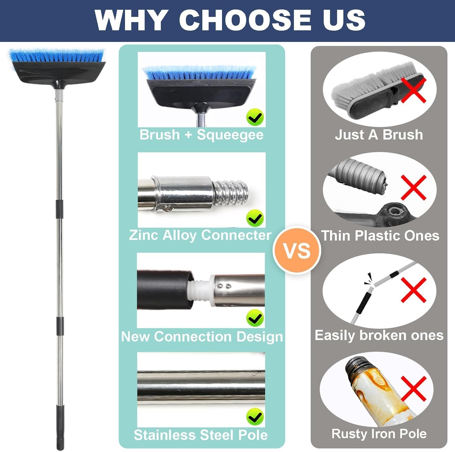 52″ Car Wash Brush with Rubber Squeegee & Extendable Handle