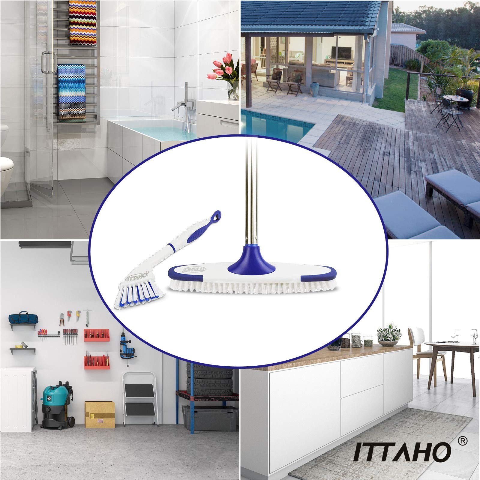 ITTAHO Floor Scrub Brush with Long Handle 53″ Deck & Grout Cleaner Brush Set…