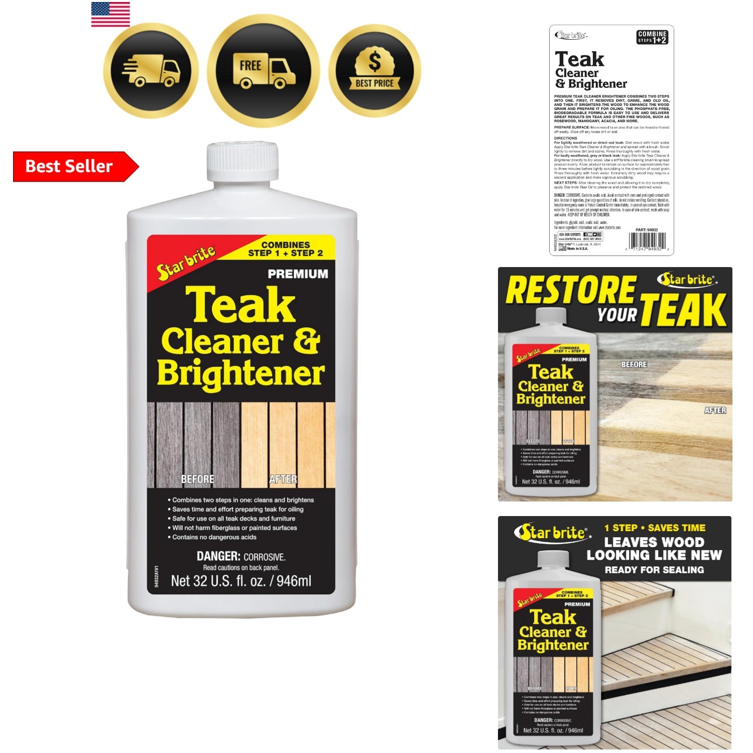 Teak Cleaner & Brightener, Restore Weathered Wood, 32oz