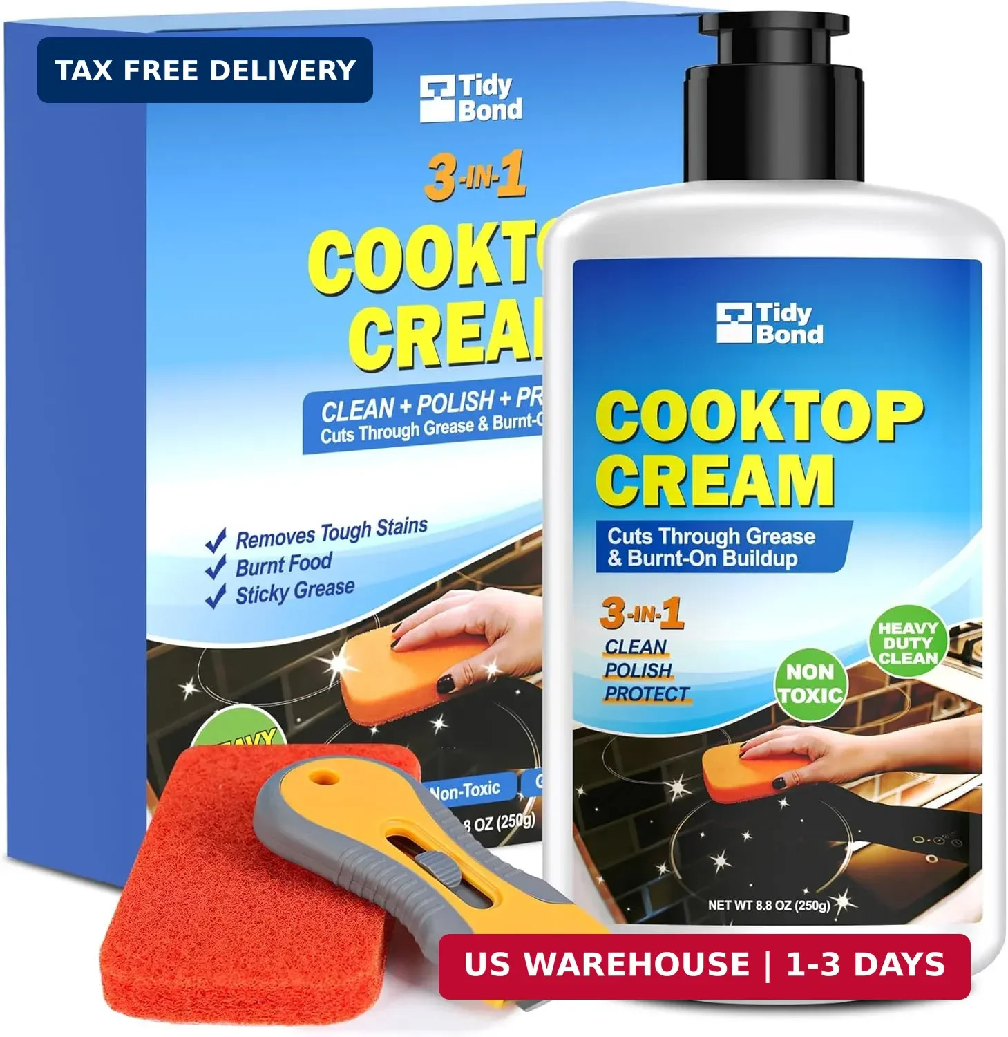 Glass Cooktop Cleaner & Polish Kit – Heavy Duty Stove Top Cleaner with Scraper &