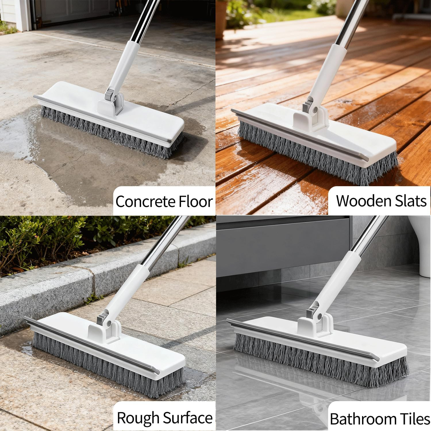 Floor Scrub Brush with 55″ Long Handle, 2-In-1 Floor Brush with Built-In Squeege