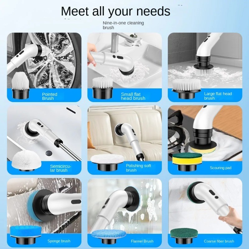 Cordless 9 in 1 Electric Spin Scrubber Bathroom Kitchen Floor Cleaner