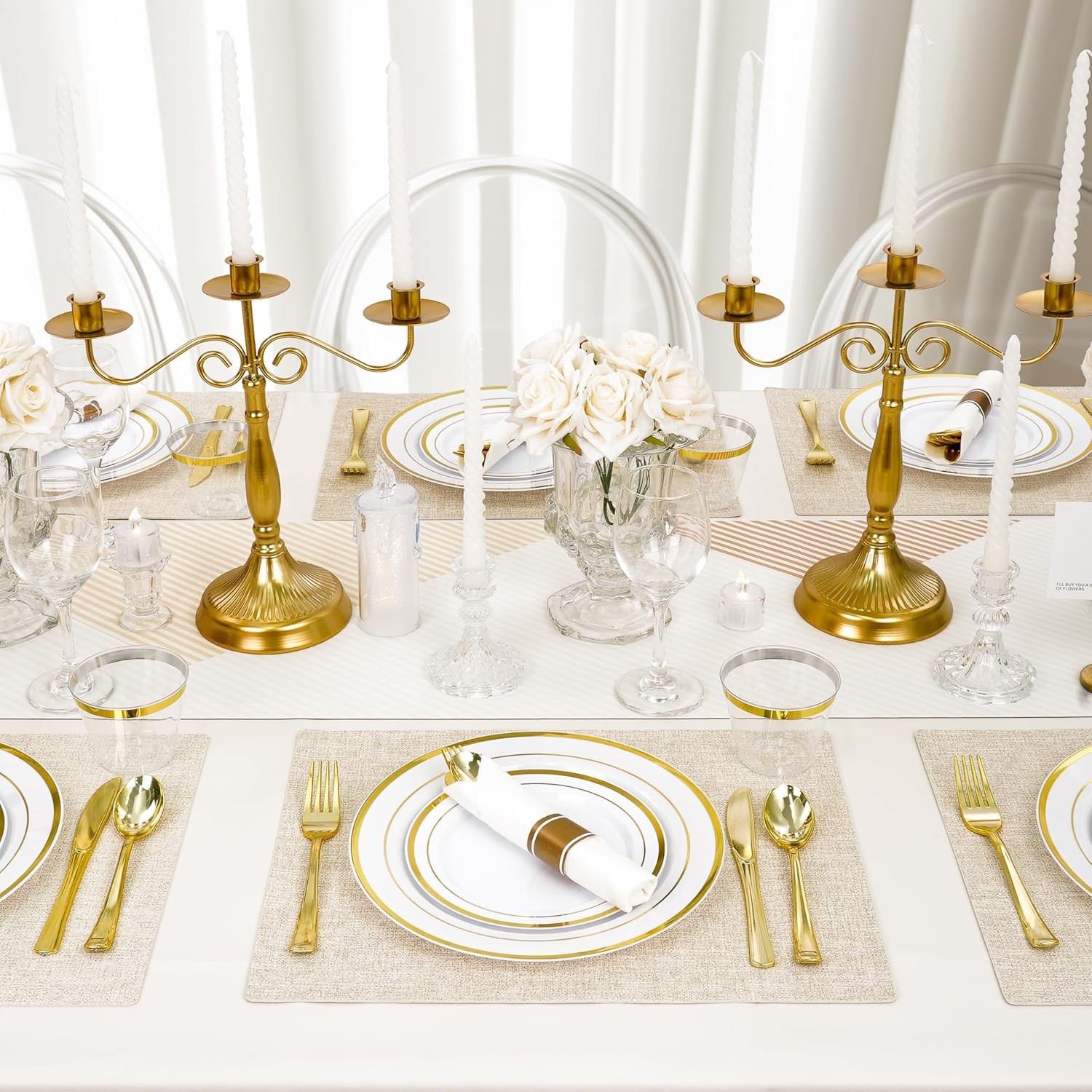 175 PCS White and Gold Plastic Dinnerware Set for 25 Guests, 50 Disposable Pla