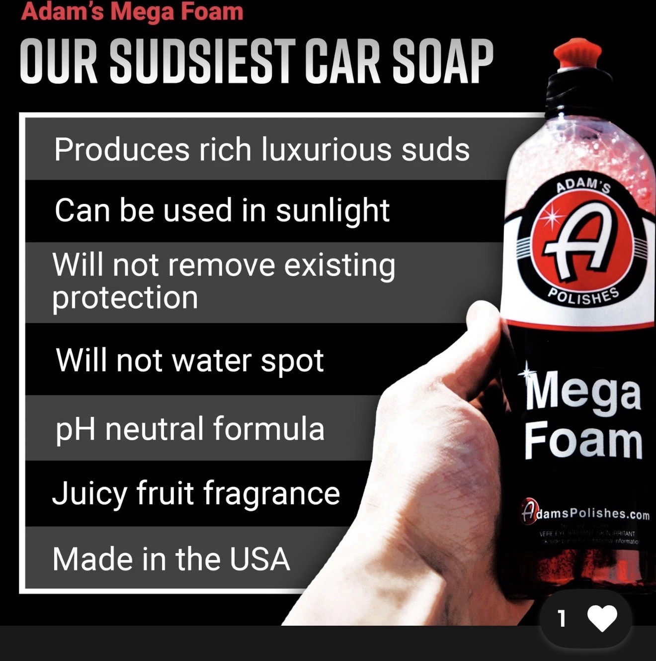 Adam’s Mega Foam 16oz pH Neutral Car Soap For Car Washing, Concentated For W…