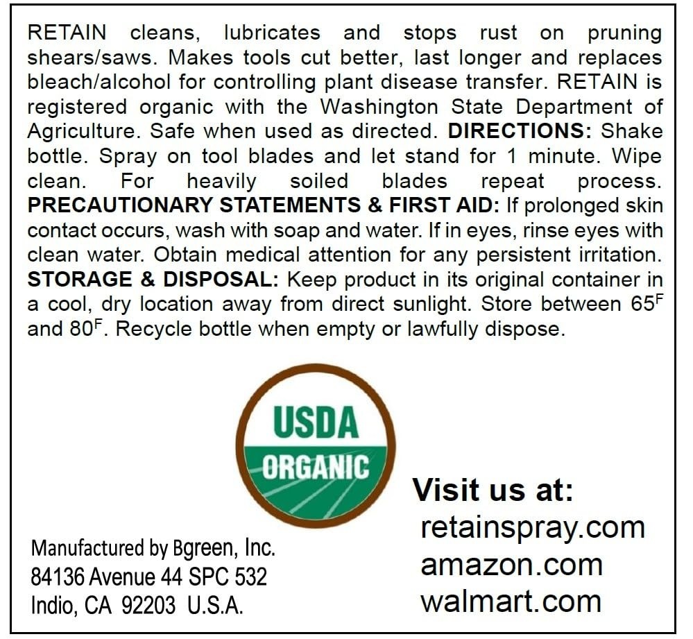 RETAIN Organic Pruning Tool Cleaner, No Rust & Lubricant 4 oz 3 Pack