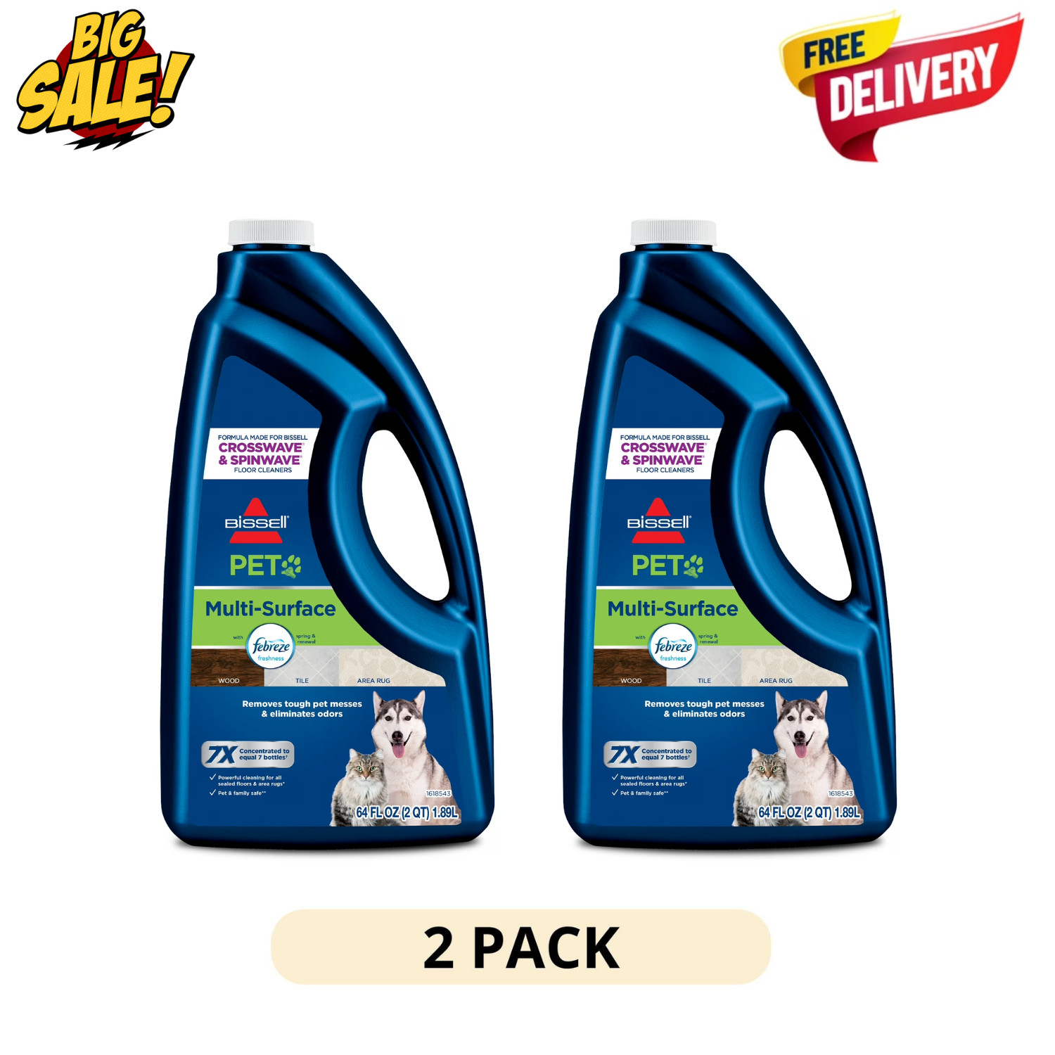 2 Pack Bissell Pet Multi Surface Formula 64oz CrossWave SpinWave 22951 Cleaner