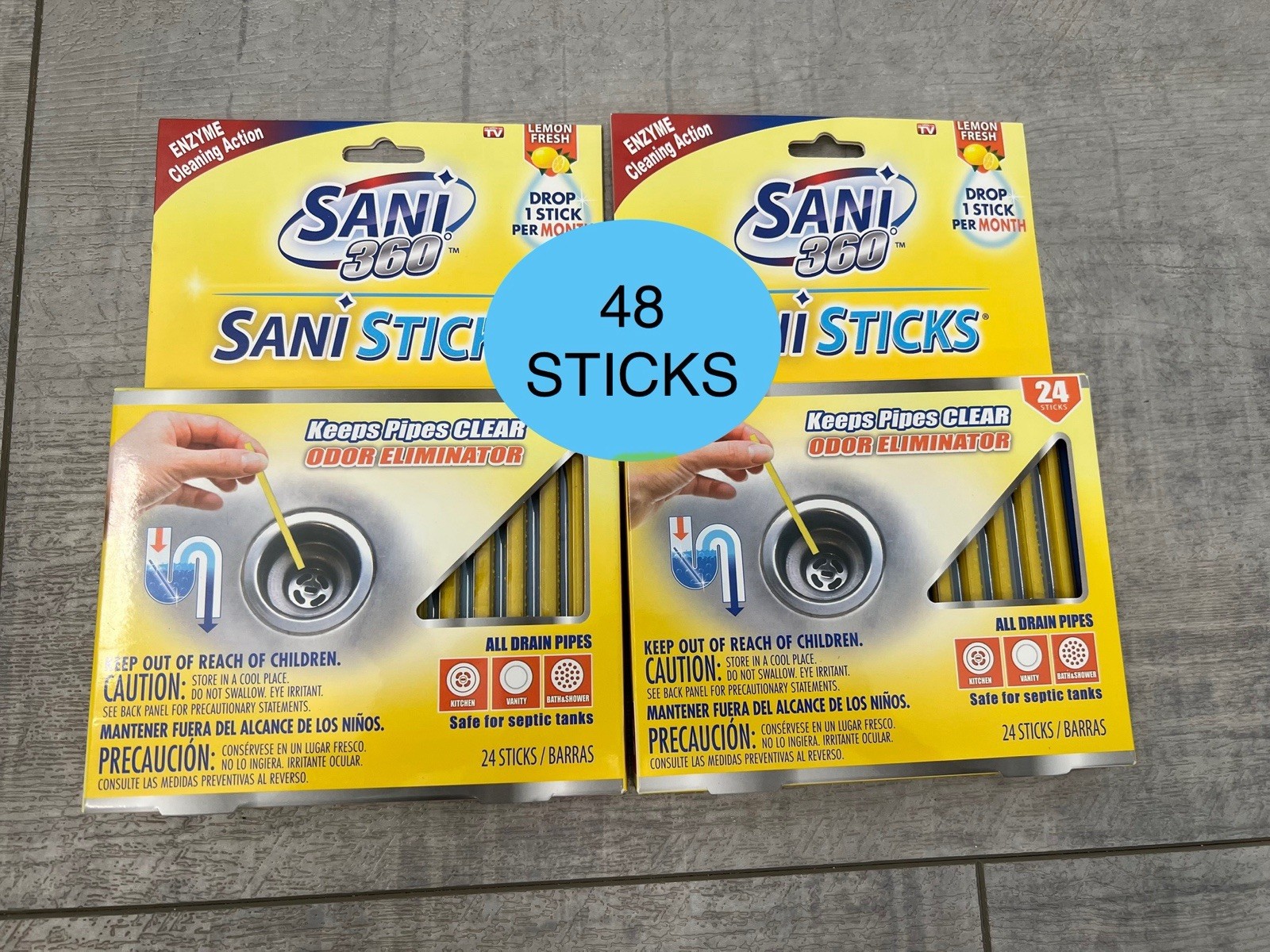 48 SANI 360° Sani Sticks Drain Cleaner and Sink Deodorizer Non-Toxic, Enzyme