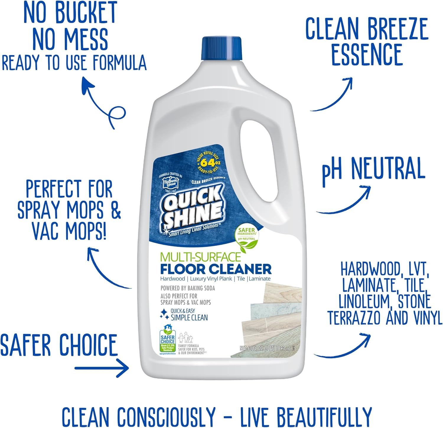 Quick Shine Multi Surface Floor Cleaner, Ready to Use-Streak Free-No Rinse 64Oz