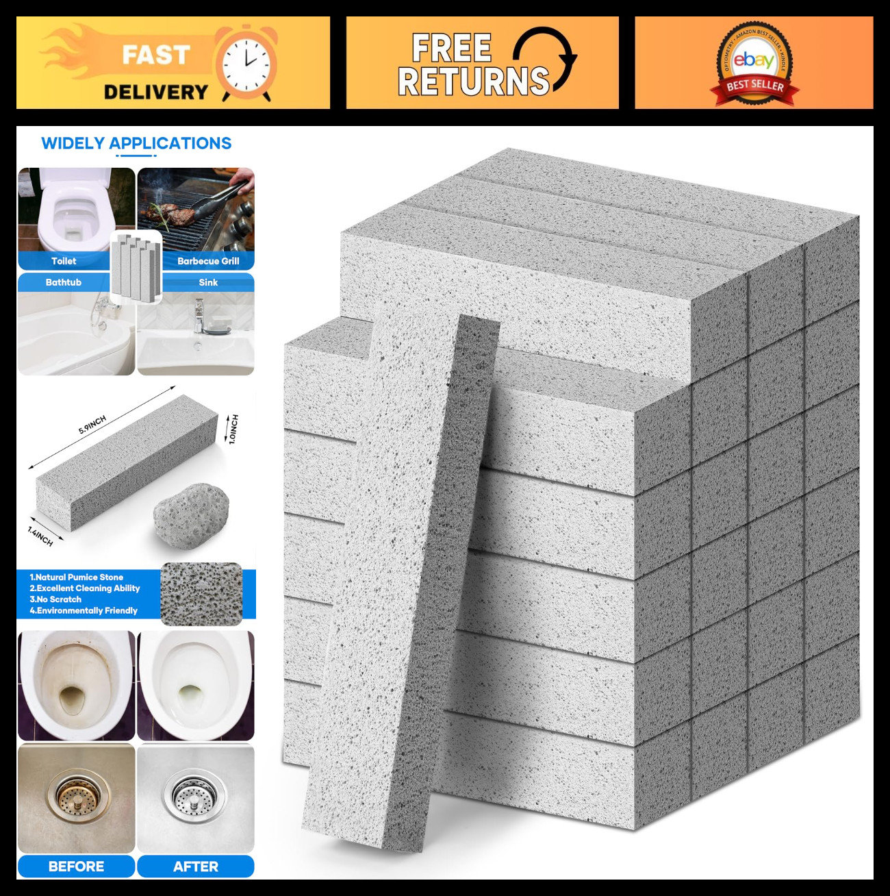 24 Pack Pumice Stones for Toilet Bowl & Kitchen Cleaning, Scouring Sticks, Gray