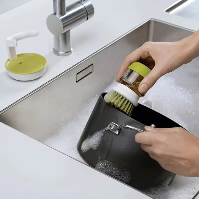 Soap Dispensing Dish Brush: Multi-Use Kitchen Scrub Brush with Tray