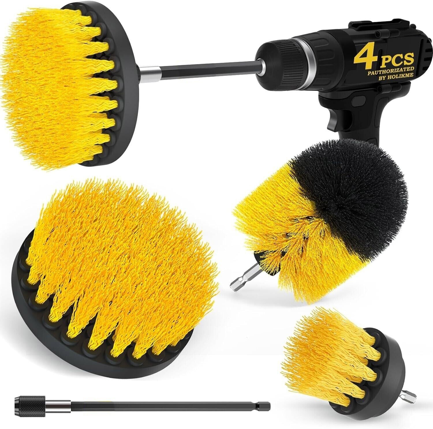 Drill Brush Set 4 Piece (Yellow) with 6″ Extension – Fast Free Shipping