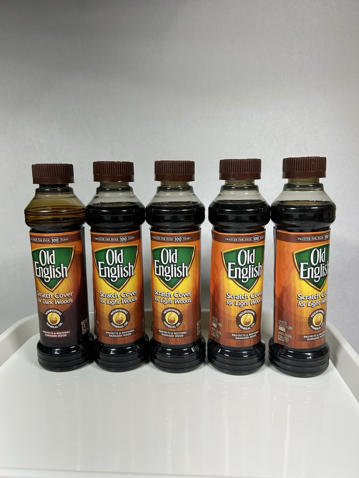 (5) Old English Scratch Cover Light Wood Polish ~ 4 New 8 oz per Bottle