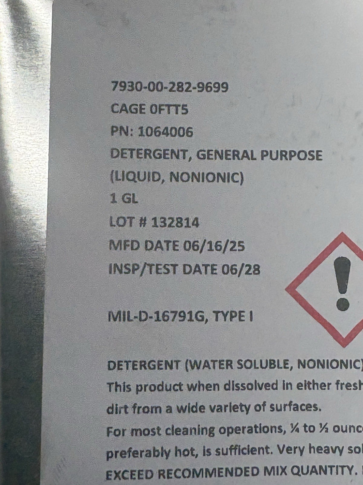 General Purpose Concentrated Liquid Detergent 1 Gal. MIK-D-16791G TYPE 1