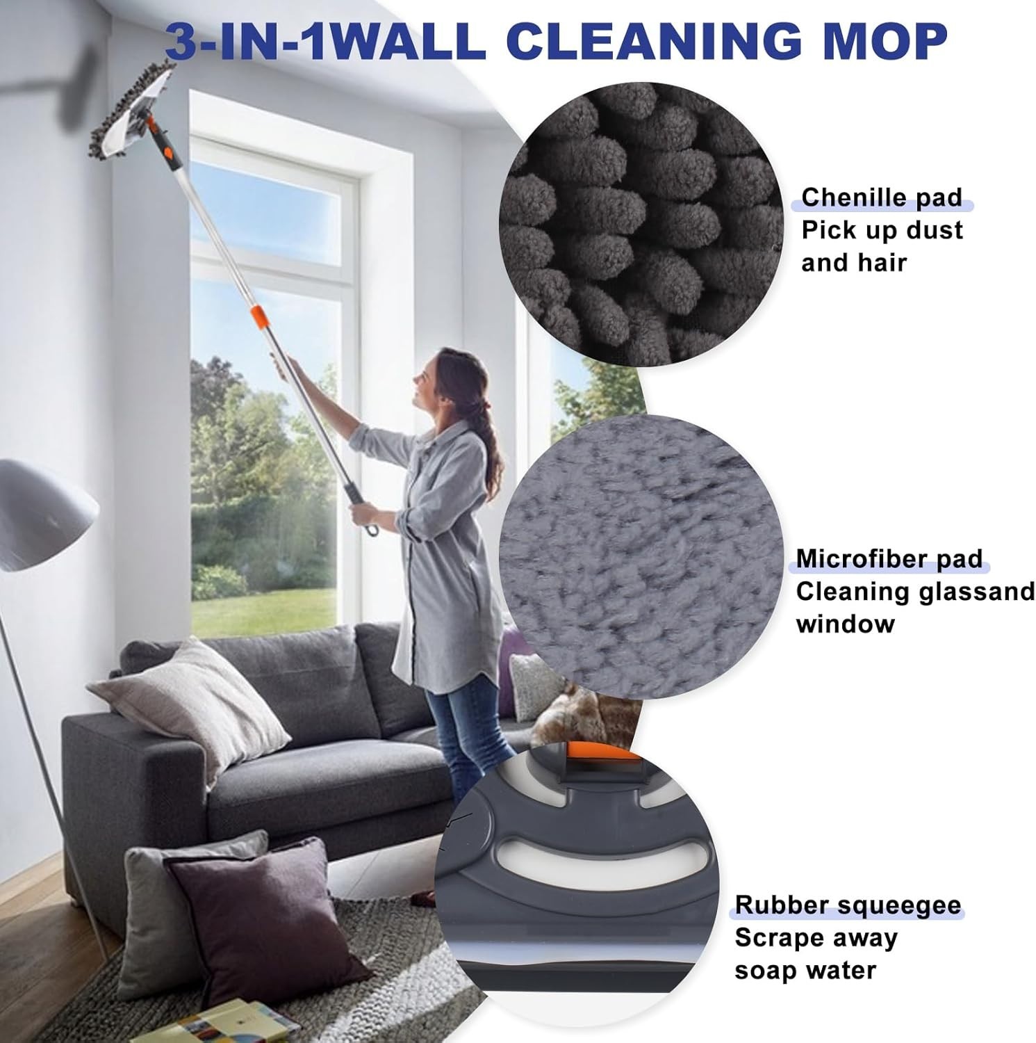 Wall Cleaner Mop with Long Handle 79 Inches 360° Swivel Microfiber Pads