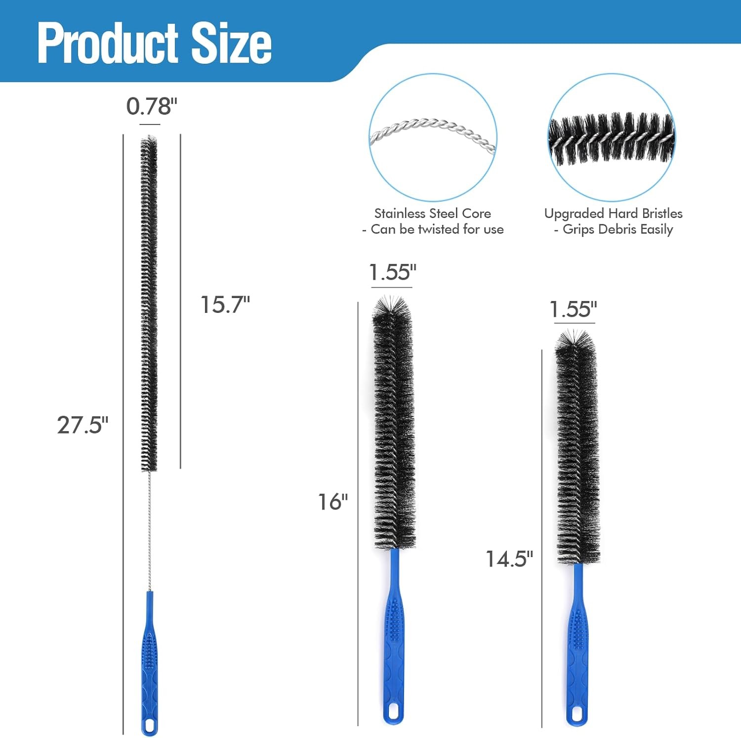 3PCS Drain Brush Set with Refrigerator Coil Cleaning Brush, Multi-Use Drain
