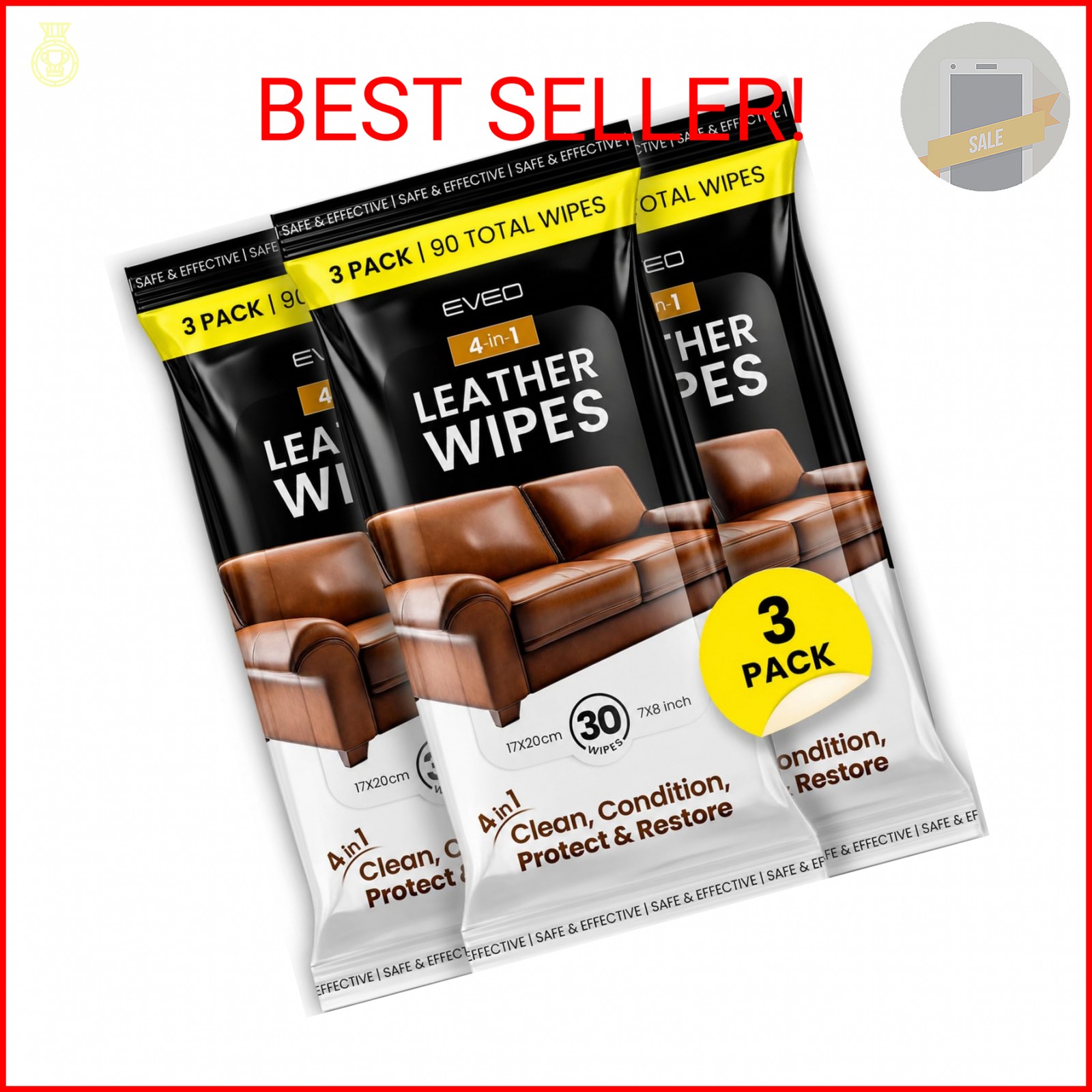 EVEO Leather Cleaner Wipes 4-in-1 Leather Cleaner and Conditioner for Furniture