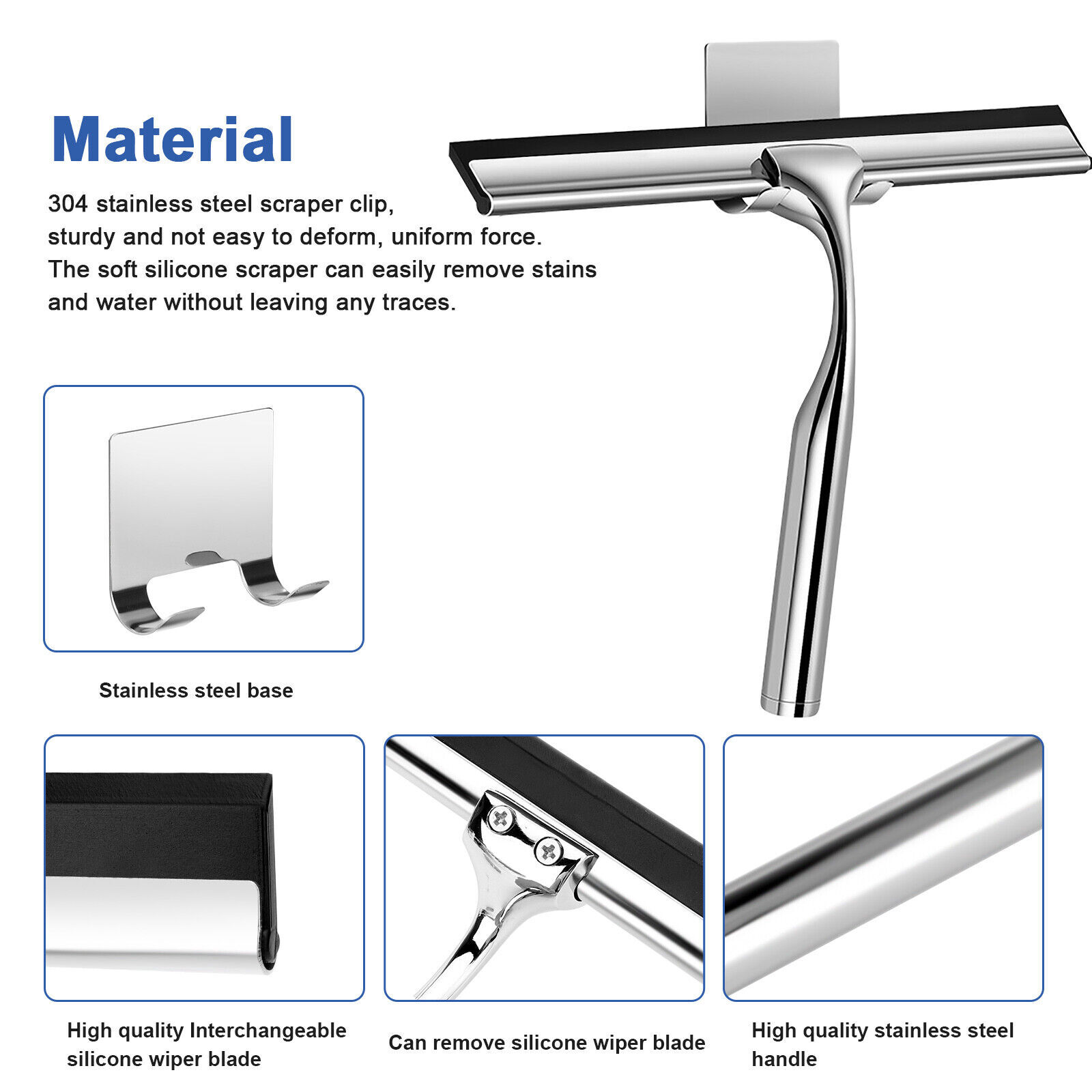 1Pc Stainless Steel Shower Squeegee for Car with 1 Adhesive Hook Silver Bathroom